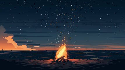 A minimalistic depiction of a beach bonfire under the stars  AI generated illustration