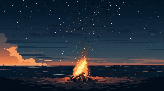 A minimalistic depiction of a beach bonfire under the stars AI generated illustration