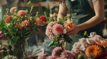 Bouquet Crafting Cinematic shots showcasing skilled florists creating intricate and beautiful flower arrangements highlAI generated illustration - obrazy, fototapety, plakaty