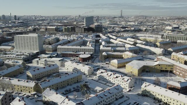 Eastern Gothenburg, Sweden, Buildings with Snow during Winter, Aerial Drone View