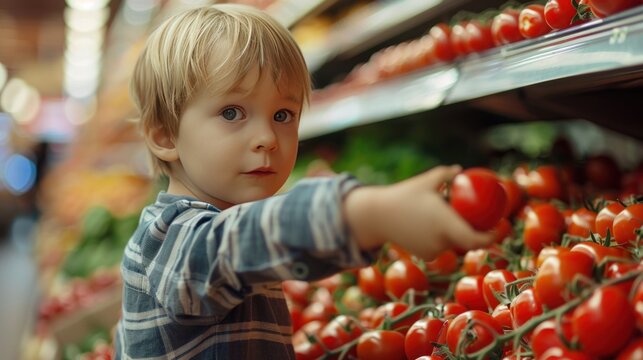 Cute little boy in supermarket picking fresh organic tomatoes healthy lifestyle