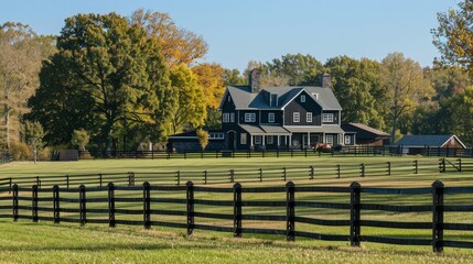 Equestrian Properties Detailed shots of equestrian estates and horse properties featuring barns pastures and riding facilities  AI generated illustration