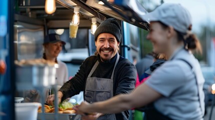 The grinning faces of workers handing out orders at a popular food truck parked outside the stadium offering a unique dining experience for fans. - obrazy, fototapety, plakaty