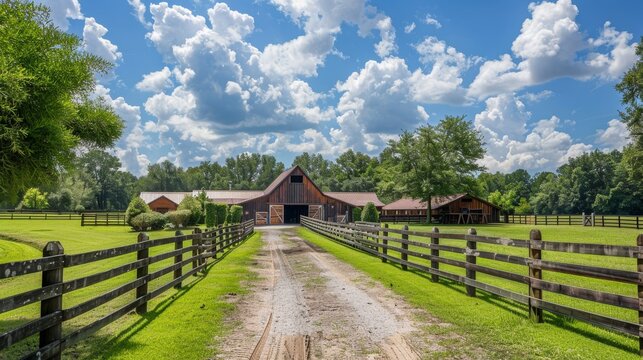 Equestrian Properties Detailed shots of equestrian estates and horse properties featuring barns pastures and riding facAI generated illustration