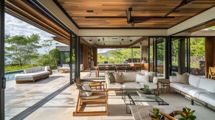 Fototapeta premium Indoor-outdoor living space with sliding glass doors AI generated illustration