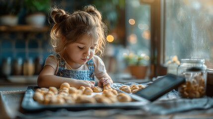 Cute girl baking cookies while using a tablet