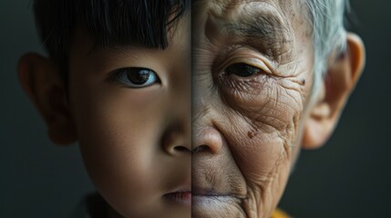 The face is divided into two halves - half of an Asian boy and half of an old Asian man. Distinguishing childhood and old age, aging, maturation, longevity, lifespan, aging, gerontology.