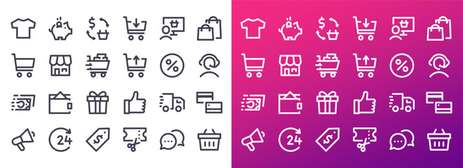 E-Commerce and Shopping Icon Set. 24 Thin Line Symbols for Online Retail, Payment, and Customer Service