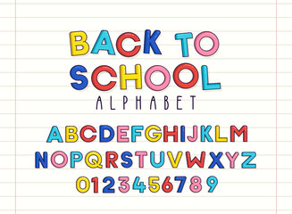 Colorful back to school alphabet and numbers Set. Youthful and playful vector typeface font design for kids, educational subjects and materials