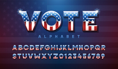 United States of America alphabet typography design with letters and numbers. Bold 3d typeface font effect set themed with american USA flag colors and elements - obrazy, fototapety, plakaty