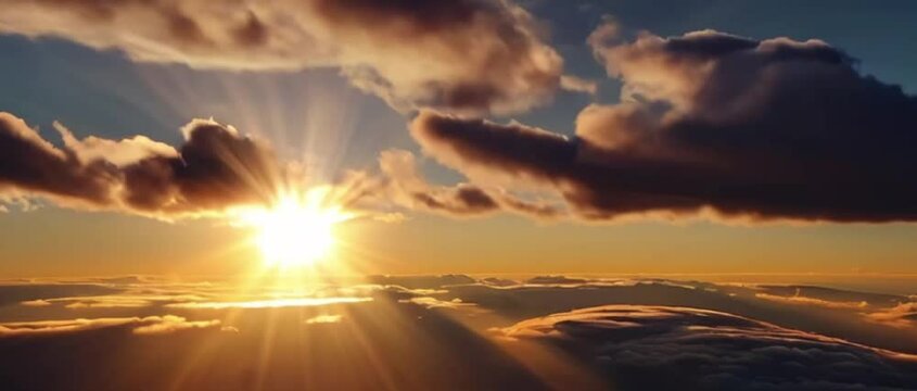 An aerial shot above beautiful sunset clouds with sun shining on horizon, detailed picturesque view, camera moving into amazing cloudscape with beautiful light rays