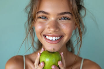 woman with perfect teeth biting an apple - obrazy, fototapety, plakaty