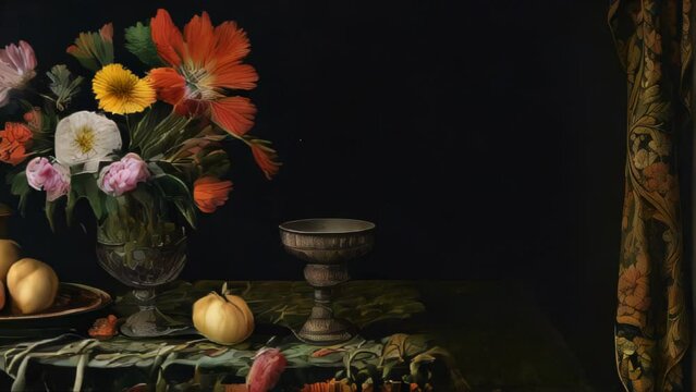 Classic still life featuring a lit candle, a vase of colorful flowers, and a plate of fruit against a dark background.
