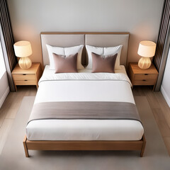 Double bed with pillows in modern bedroom interior. 3d render