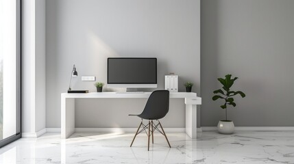 A minimalist office space with a simple desk a few carefully selected decor pieces and ample natural light promoting a clutterfree and focused work environment.