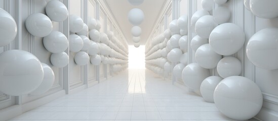 A hallway in a building adorned with a symmetrical pattern of white balls leading towards a bright light at the end, creating an artistic and mesmerizing atmosphere - Powered by Adobe
