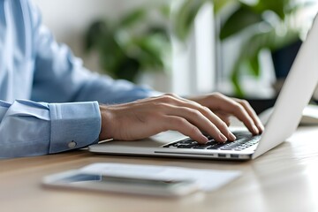 Closeup of a businessmans hands typing on a laptop at an office desk working online. Concept Business, Technology, Office, Workspace, Online Work