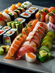 sushi plate with a modern and elegant design, with salmon, rice, cucumber and delicious ingredients. food