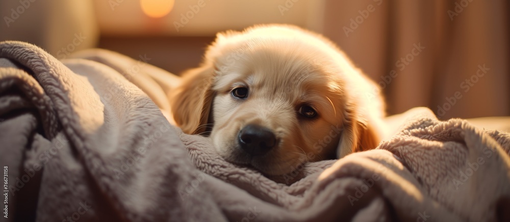 Poster A fawn Toy Dog breed puppy is snuggled under a blanket on a bed, showcasing its role as a companion dog and beloved pet supply