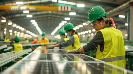 Foto op Canvas Workers in bright green hard hats and yellow safety vests can be seen assembling solar panels on the factory floor. . AI generation. © Justlight