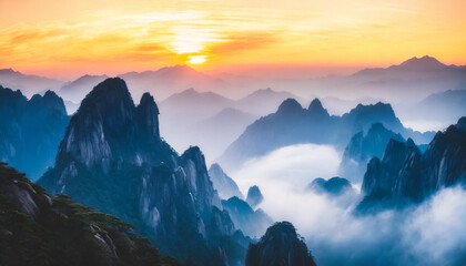 Early dawn over Huangshan Mountains, serene mist, majestic peaks, serene ambiance. High-res, perfect for wallpaper or poster art