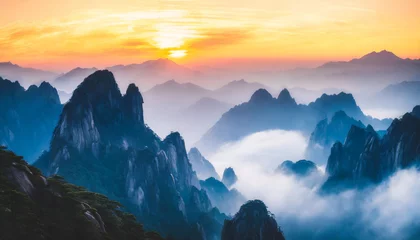 Foto op Plexiglas Huangshan Early dawn over Huangshan Mountains, serene mist, majestic peaks, serene ambiance. High-res, perfect for wallpaper or poster art