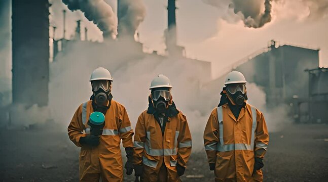 Group of Asian workers in gas masks and safety helmets against an industrial plant in the fog. The concept of industrial impact on worker health and the environment