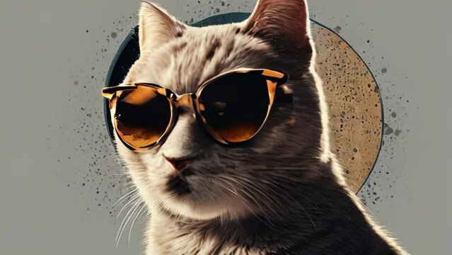 Cat with sunglasses looking sideways, contrasting against a gray and gold background.
