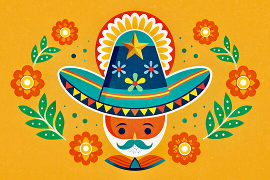Person wearing Mexican sombrero hat, Chinco de mayo card