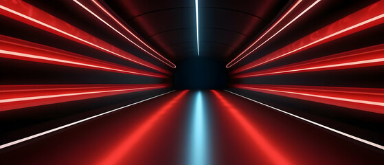 Red neon light through the tunnel glowing in the darkness