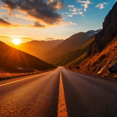Deurstickers Road in the mountains at sunset. Landscape with asphalt road. © Steve