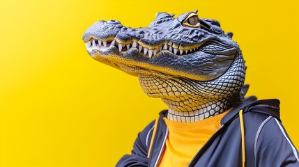 Fierce Alligator Animal Portrait on Bold Yellow Background - obrazy, fototapety, plakaty