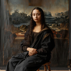 Mona Lisa Reimagined with a Renaissance Landscape Backdrop