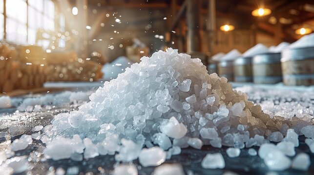 Sea salt farm. Pile of white salt. Raw material of salt industrial. Sodium Chloride mineral. Evaporation and crystallization of sea water. White salt harvesting. Agriculture industry