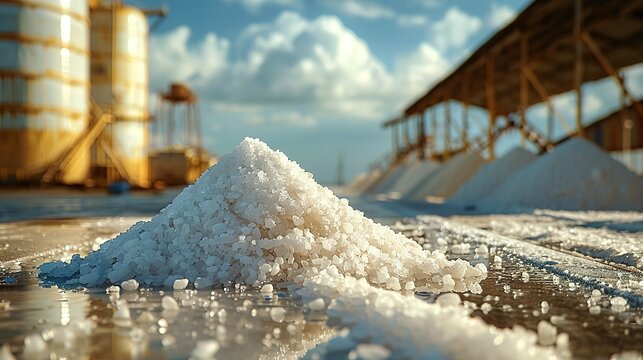 Sea salt farm. Pile of white salt. Raw material of salt industrial. Sodium Chloride mineral. Evaporation and crystallization of sea water. White salt harvesting. Agriculture industry