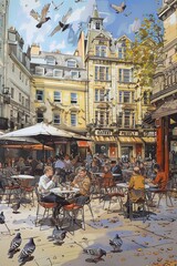 An animated cafe in a bustling city square, with street performers entertaining passersby and pigeons pecking at crumbs on the ground, Generative AI