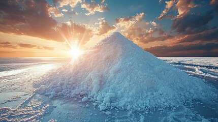 Sea salt farm. Pile of white salt. Raw material of salt industrial. Sodium Chloride mineral. Evaporation and crystallization of sea water. White salt harvesting. Agriculture industry - obrazy, fototapety, plakaty