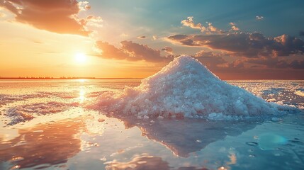 Sea salt farm. Pile of white salt. Raw material of salt industrial. Sodium Chloride mineral. Evaporation and crystallization of sea water. White salt harvesting. Agriculture industry - obrazy, fototapety, plakaty