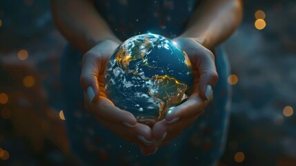 Female hands holding planet earth globe. Environmental ecology issues, save the world concept. AI...