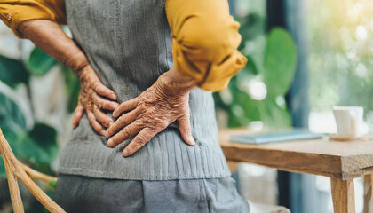 elderly woman's hands clutching her aching back, symbolizing pain and discomfort - obrazy, fototapety, plakaty