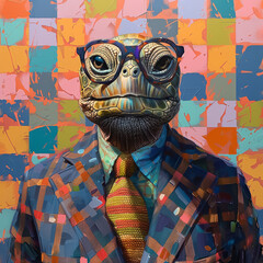 Intellectual turtle dressed in a suit, wearing glasses, close view, lively, colorful patterned background,pastel tones
