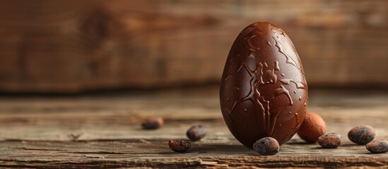 Chocolate-filled Easter egg on a wooden background with focus on it. Space for text.
