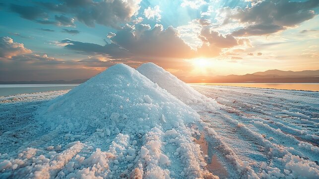 Sea salt farm. Pile of white salt. Raw material of salt industrial. Sodium Chloride mineral. Evaporation and crystallization of sea water. White salt harvesting. Agriculture industry