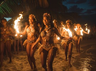 Beachside evening, fire dancers, cultural showcase, tropical night