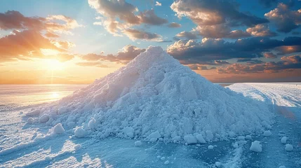 Foto op Plexiglas Sea salt farm. Pile of white salt. Raw material of salt industrial. Sodium Chloride mineral. Evaporation and crystallization of sea water. White salt harvesting. Agriculture industry © Jennifer