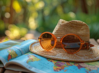 Road trip essentials, map, sunglasses, joyful playlist, travel vibe