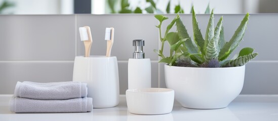 Obraz na płótnie Canvas A bathroom counter with toothbrushes, soap dispenser, towels, and a houseplant in a flowerpot. The rectangular counter is made of wood with glass shelves and grass flooring
