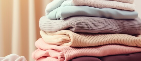 Neatly folded sweaters stacked on a table, creating a cozy and organized display in a room