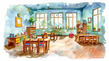 Watercolor art of a cheerful Christian Sunday school classroom filled with joy and learning