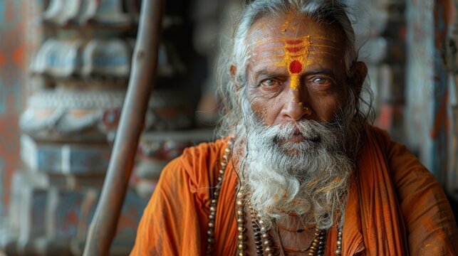 Scattered around the ascetic are various objects such as a walking stick and prayer beads showing their simplicity and detachment from material possessions.